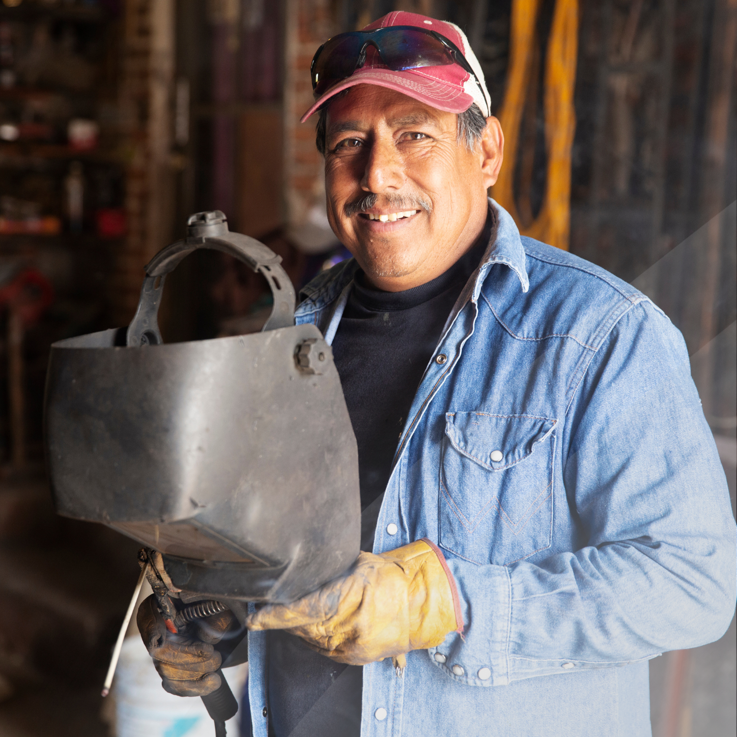 Skilled tradeworker holding welding mask.